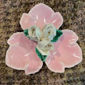 MCM, white Roses, pink tea leaves, sectioned candy/nut/trinket dish, ceramic, 8”